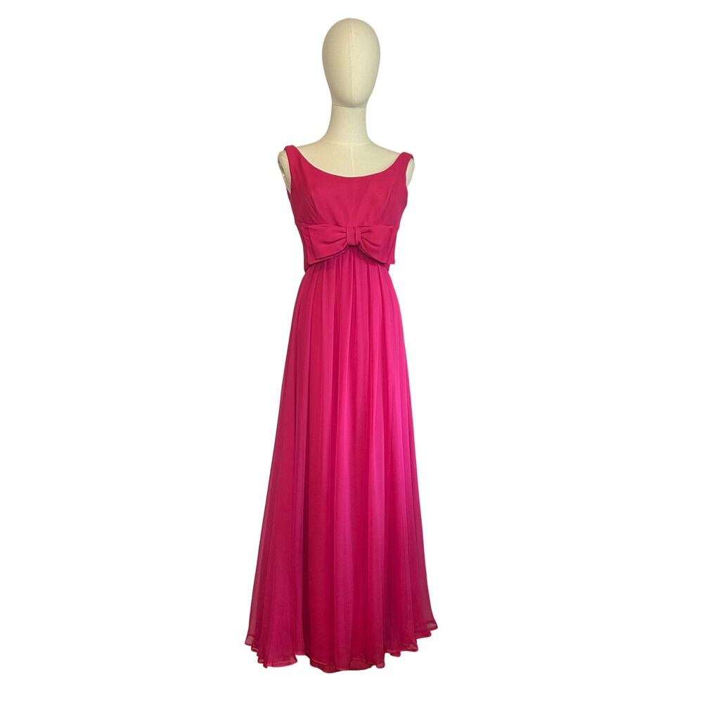 VTG 60s Pink Barbie Dress Bow Gown Silk XS Chiffon Formal Cocktail Coquette